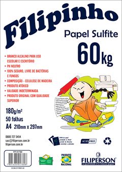 PAPEL SULFITE 180GR 210X297 A4 50 FOLHAS FILIPINHO 60KG