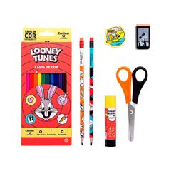 LAPIS 12 CORES LEO&LEO KIT ESCOLAR LOONEY TUNES COM 7 PECAS