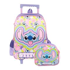 MOCHILA RODA LUXCEL INFANTIL + LANCHEIRA STITCH VERDE